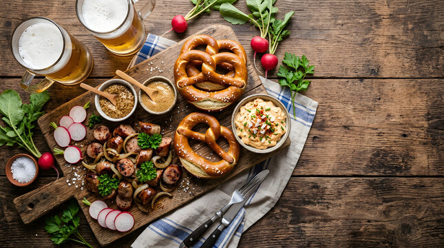 Oktoberfest feast with beer, pretzels, sausages, radishes and dips served on rustic boards for a festive Bavarian meal.