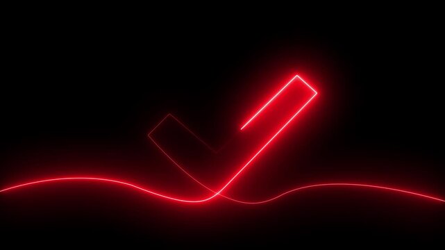 Red glowing checkmark drawn with light trails on a dark Generate title without using the word "Title:" before it. background with a wavy line lights black background.