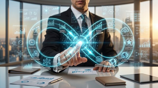 Businessman touching glowing holographic infinity loop with business data icons in modern office