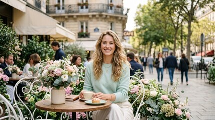 Fototapeta premium Smiling woman enjoying coffee and pastry at a Parisian cafe terrace