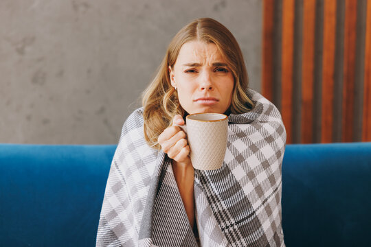 Young sick ill exhausted tired woman wrapped in grey plaid sits on blue sofa couch hold cup drink hot tea stay at home hotel flat rest relax spend free spare time in living room indoor Lounge concept
