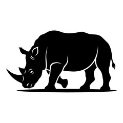 Fototapeta premium Minimalist Black Rhinoceros Silhouette Lowering Its Head with Large Horns Isolated on a Transparent Background