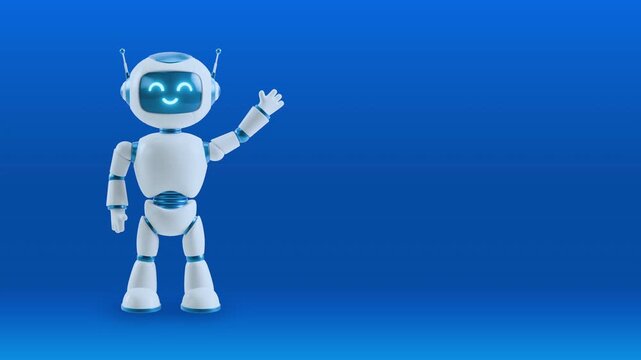 Cute 3d chatbot robot standing and waving its hand in greeting or hello gesture. Friendly chat bot. Support, assistant concept. Robotic toy. Graphics animation on blue background with copy space