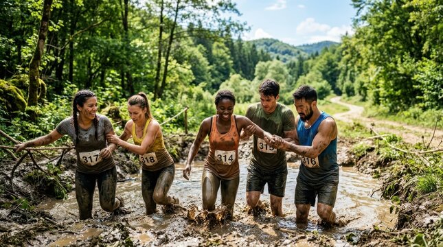 Diverse group of friends helping each other through a muddy obstacle course race
