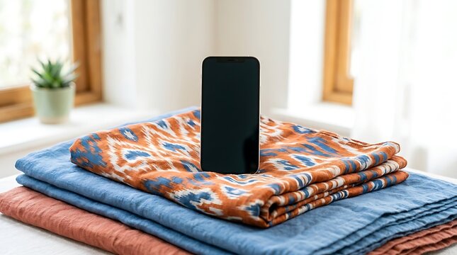 Smartphone on folded patterned textiles mobile phone