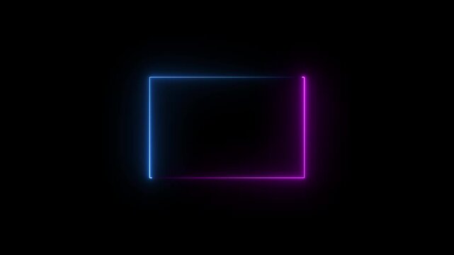 glowing neon square rectangle picture frame icon animation shape frame rotation footage round border frame movement photo frame neon box sign symbol with on a black background.