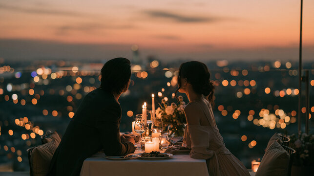 Couple sharing a candlelit dinner at a rooftop table overlooking glowing city lights during sunset.