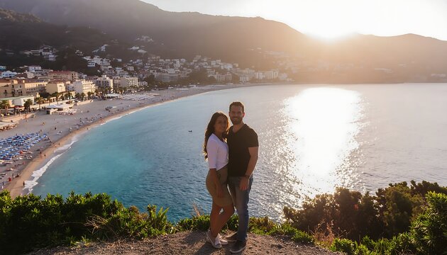 Couple embracing at sunset by the seaside town and beach