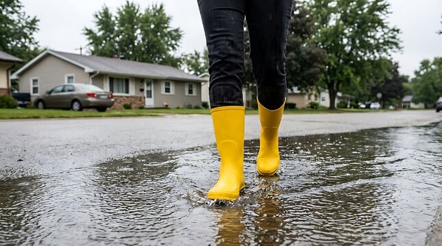 Person in yellow rain boots walking through puddle