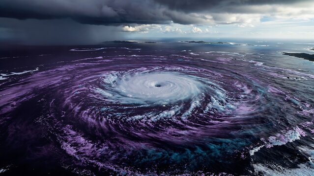 Massive swirling purple hurricane storm vortex over ocean surface.