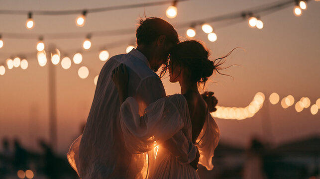 Silhouetted couple dancing closely beneath warm string lights during an outdoor sunset celebration, with soft movement and a blurred background.