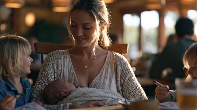 Mother in a rocking chair nursing a newborn in the corner of a busy family restaurant, older child beside her coloring, confident posture, public breastfeeding, family meal outing,