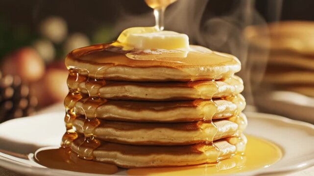 Steaming hot stack of fluffy golden pancakes topped with a melting pat of butter, honey dripping from a wooden dipper onto the side, served on a white plate in a warm rustic kitchen setting.