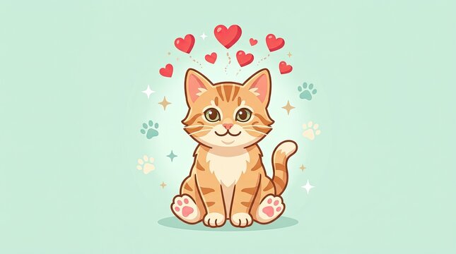 Adorable tabby kitten sitting surrounded by floating red hearts and cute paw print icons