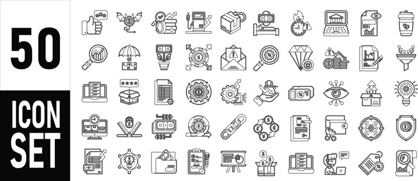 Set of 50 business and finance hand drawn icons for marketing strategy and management planning processes