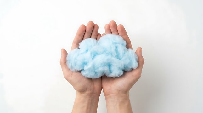 Hands holding blue cotton cloud shape