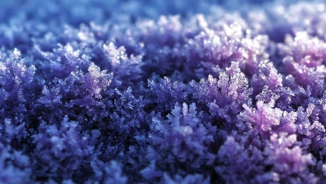 Macro photography of crystalline frost patterns on a cold winter morning.