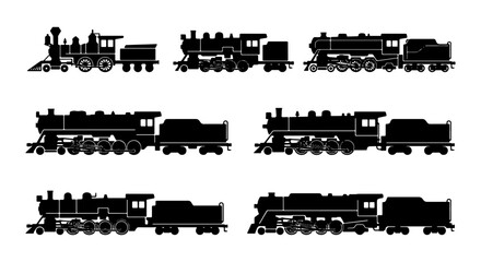 Obraz premium Vintage Steam Train Silhouettes Set, Retro Locomotive Icons, Classic Railroad Vector Collection