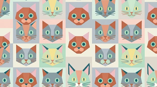 Geometric feline pattern featuring stylized cat portraits in soft pastel tones