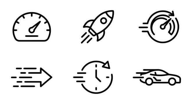 Speed Icons Set: Fast Car, Rocket, Stopwatch, Arrow, Dashboard