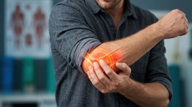 Man touching his painful elbow with medical illustration showing pain