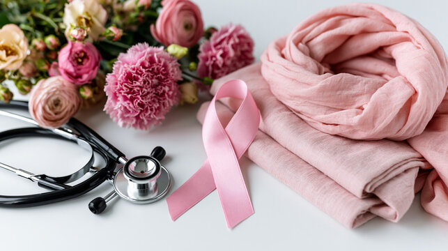 Pink awareness ribbon beside a stethoscope, folded pink clothing and fresh flowers on a light background for a breast cancer awareness concept.