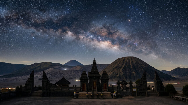 Ancient Hindu Temple Silhouette at Mount Bromo Java Indonesia.