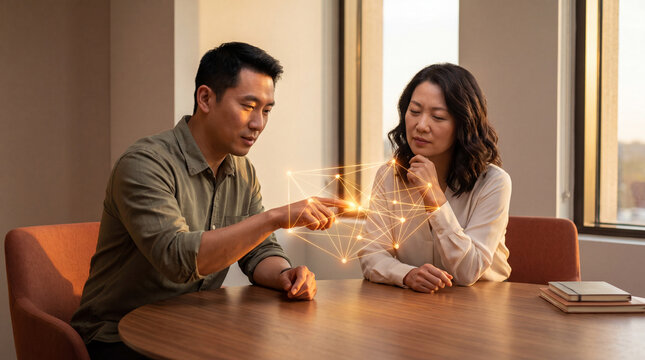 Couple examining a glowing golden network hologram at a wooden table