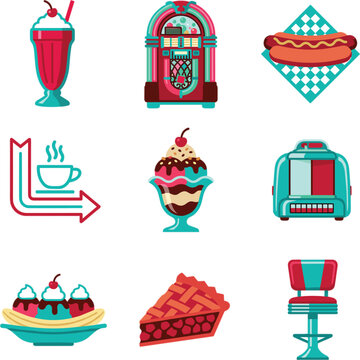 Retro diner icons featuring milkshake, jukebox, hot dog, coffee, ice cream sundae, toaster, banana split, pie, and stool, 1950s American culture elements