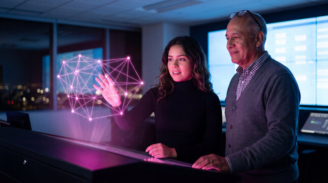 Colleagues examining a glowing pink polyhedron hologram in a dark office