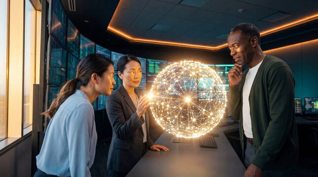 Team examining a glowing golden network sphere in a high-tech control room