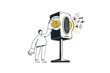 Person turning up the volume on a speaker causing noise and distress © Passatic