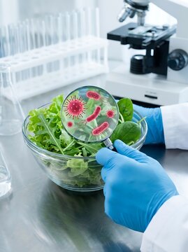 Hand in blue glove holding magnifying glass over leafy greens with virus