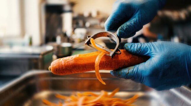 Chef peeling fresh carrot with metal peeler in restaurant kitchen