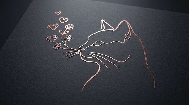 Rose gold metallic line art cat profile holding floral sprig on dark textured paper background