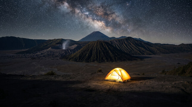 Illuminated yellow camping tent in the dark desert landscape at night.