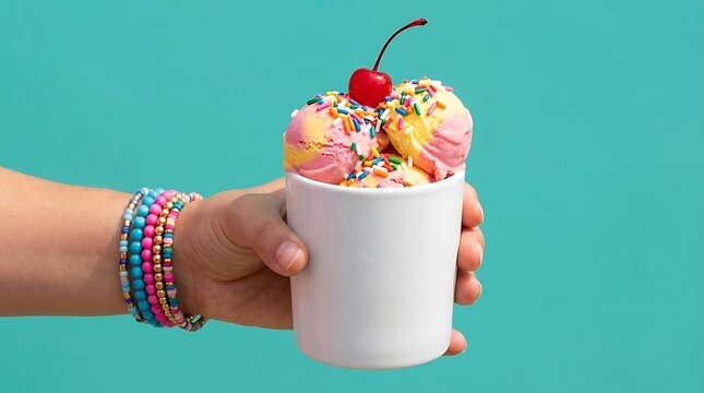 Hand holding colorful ice cream with sprinkles and cherry