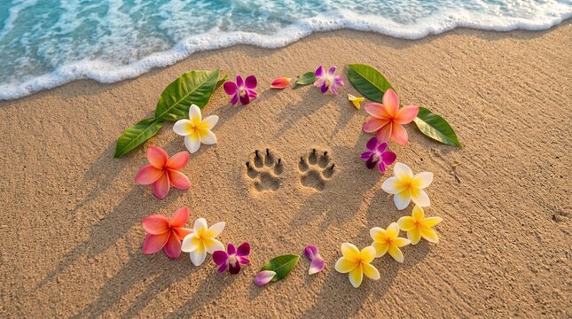 Tropical flower wreath encircled around pet paw prints imprinted upon sandy beach shoreline