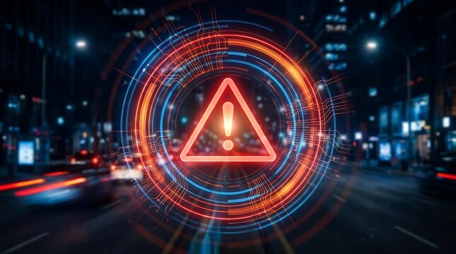 Glowing red warning symbol with circular light trails at night