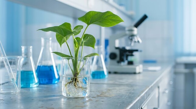 Green plant growing in laboratory beaker science