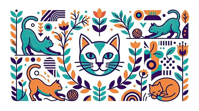 Modern geometric cat illustration featuring stylized feline silhouettes and vibrant floral decorative botanical patterns