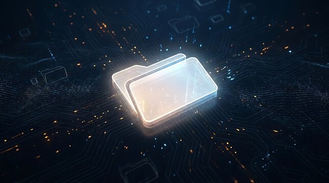 Glowing folder on dark circuit background, digital