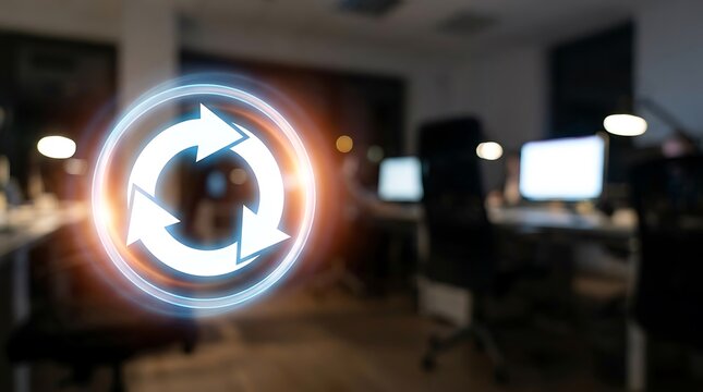 Glowing circular arrow symbol in office setting arrows