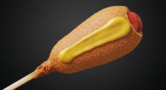 Corn dog with mustard on stick isolated on black background