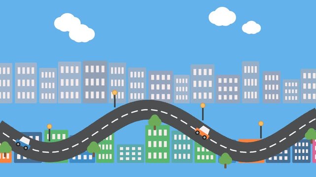 Curved Road Across City - Flat 2D Animation