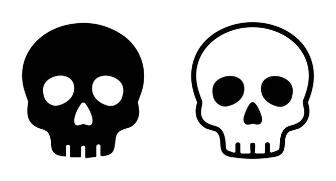 Black and white minimalist skull icons set, simple human skull illustrations for design and decoration on transparent background