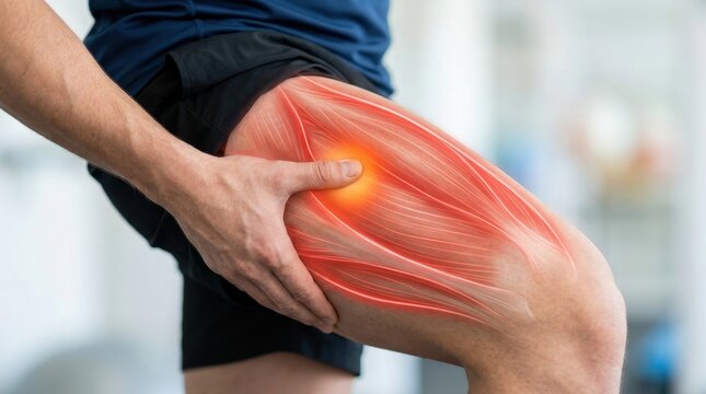 Man holding his painful thigh muscle with highlighted anatomy graphic