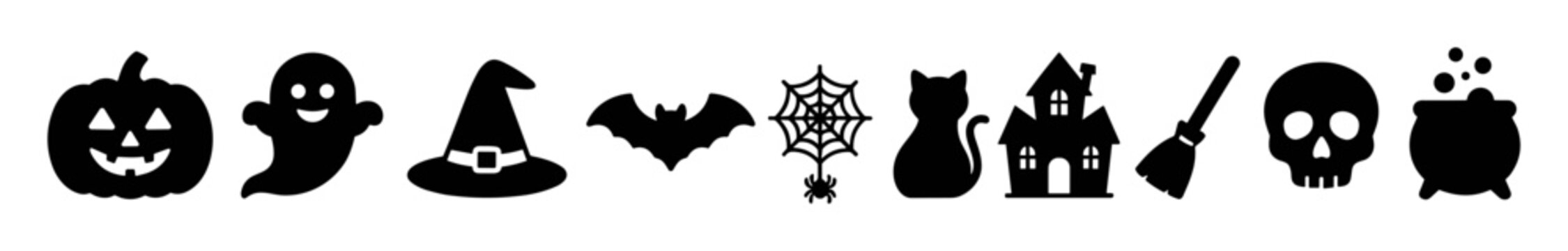 Set of black Halloween icons including pumpkin, ghost, witch hat, bat, spider web, cat, haunted house, broom, skull, and cauldron on transparent background