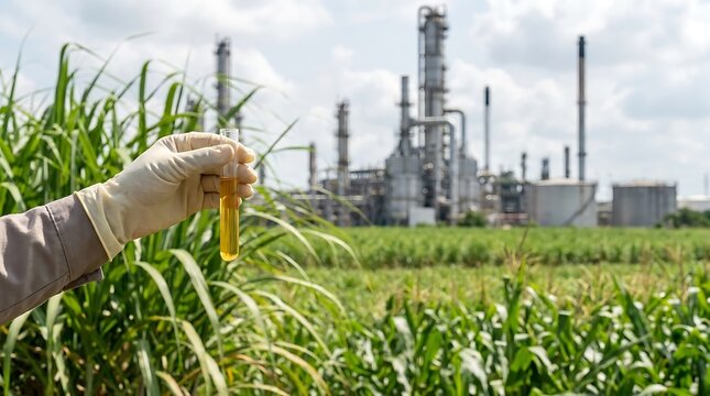 Gloved hand holding test tube with yellow liquid, industrial plant background