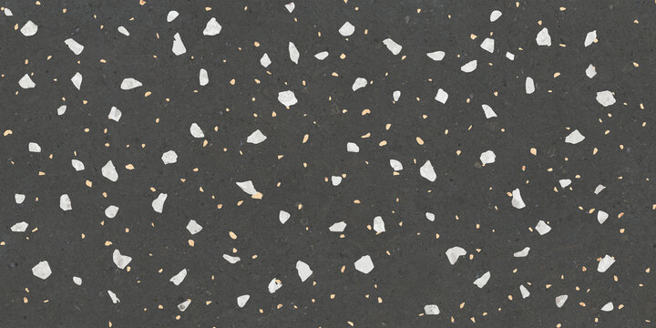Terrazzo dark gray stone texture, black granite surface with white marble chips, speckled mineral floor pattern for interior design